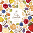 © Maria - Granola frame template. Engraved style illustration. Various berries, fruits and nuts. Vector illustration