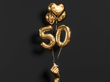 50 Years Old. Gold And Black Number 50th Anniversary, Happy Birthday Congratulations. 3d Rendering.