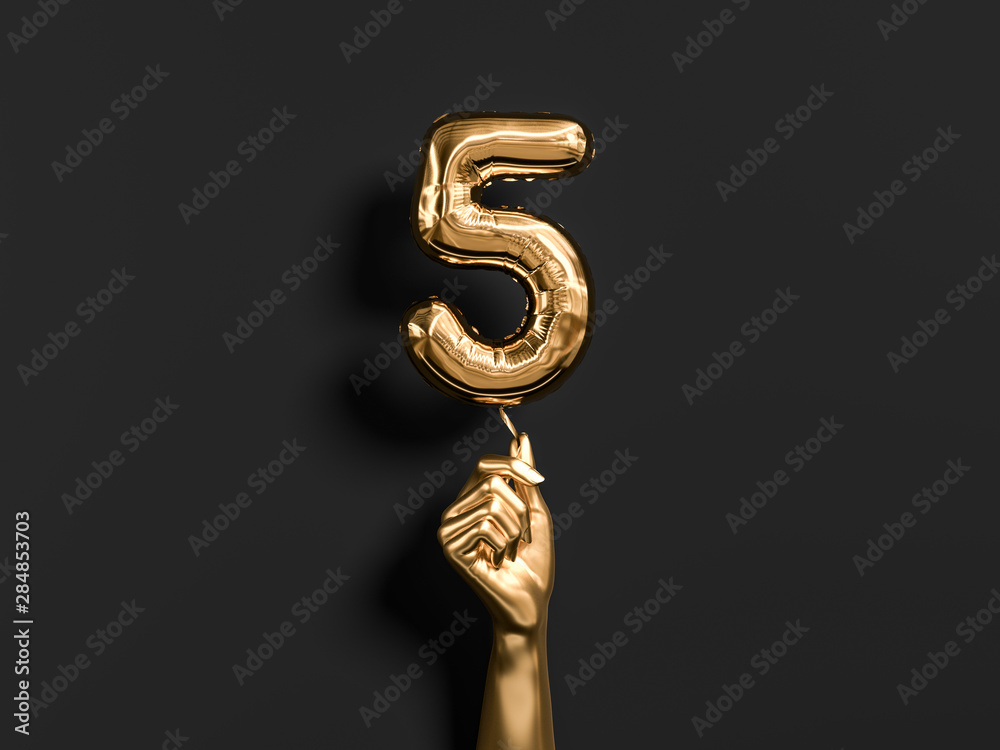 Five year birthday. Golden hand holding Number 5 foil balloon.  Five-year anniversary background. 3d rendering - obrazy, fototapety, plakaty 
