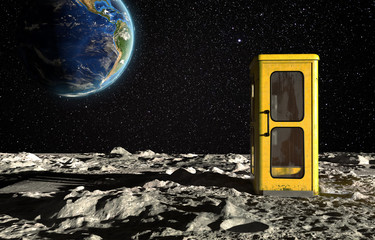 Wall Mural - the surface of the moon with a phone booth and the planet earth on a background of the starry sky. c