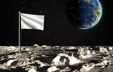 the surface of the moon with a blank state flag and the planet earth on a background of the starry s