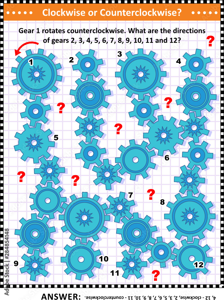 IQ and spatial skills training visual puzzle with gears rotating ...