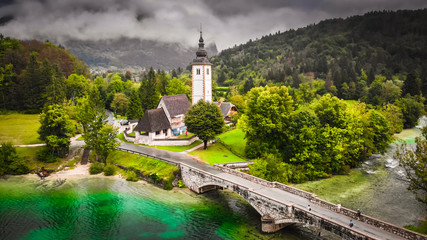 Church by the Bohinj lake in national park Triglav, part of Julian Alps in Slovenia.