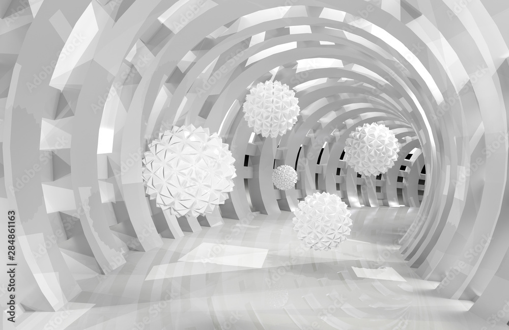 3d wall tunnel with flying balls 3d rendering - obrazy, fototapety, plakaty 