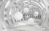 Fototapeta Perspektywa 3d - 3d wall tunnel with flying balls 3d rendering