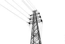 Vector High Voltage Pylons On White Background In Isometric Perspective. 3d Metal Pole Voltage, Isolated Background. Industrial Illustration. Power Line Pylons With Safety Lock. Power Plant Equipment.