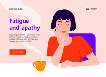 A Tired Asian Woman Sits At The Table And Holds Her Head In Her Hand. Apathy And Depression. Boring Study And Work. Website Template For Health And Lifestyle. Vector Flat Illustration