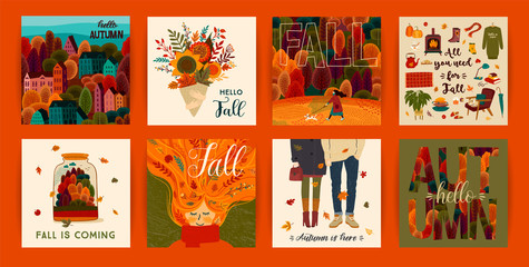 Wall Mural - Set of cute autumn illustrations. Vector templates