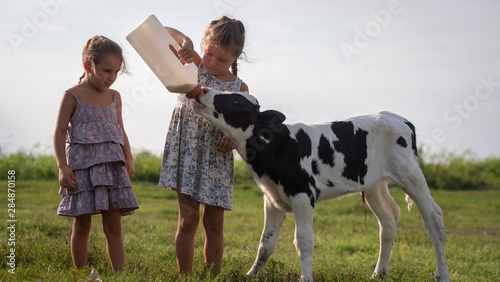 Pinturas sobre lienzo  Authentic shot of two little girls are feeding from the bottle with dummy an eco