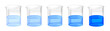 Vector set of chemical beakers with different concentration of blue substance solution. Color gradient from light to dark.  Full laboratory glassware with calibration standard preparation isolated.