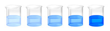 Vector Set Of Chemical Beakers With Different Concentration Of Blue Substance Solution. Color Gradient From Light To Dark.  Full Laboratory Glassware With Calibration Standard Preparation Isolated.