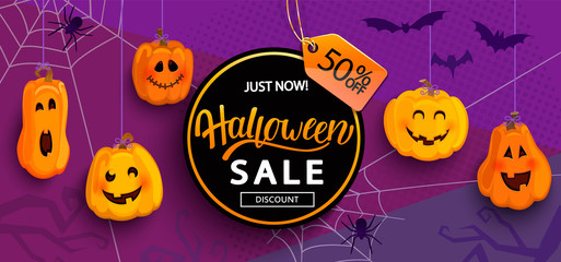 Wall Mural - Halloween Banner for Sale with 50 percent discount for Happy holiday with monster pumpkins,bat, spiders. Template for web,poster,flyers, ad,promotions,blogs,social media,marketing.Vector illustration.