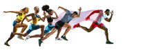 Creative Collage Of Photos Of 5 Models Running And Jumping. Ad, Sport, Healthy Lifestyle, Motion, Activity, Movement Concept. Male And Female Sportsmans Of Different Ethnicities. White Background.