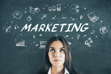 Aufkleber - Attractive caucasian businesswoman with marketing sketch