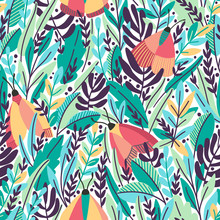 Vector Floral Seamless Pattern With Summer Herbs And Butterflies