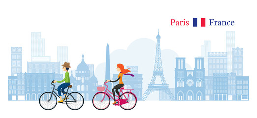 Wall Mural - Couple Cycling with Paris France Skyline Background