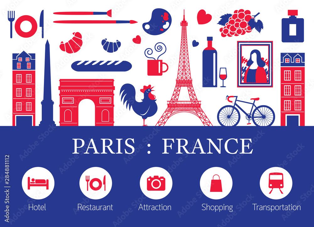 Paris, France Landmarks and Travel Objects with Accommodation Icons - obrazy, fototapety, plakaty 