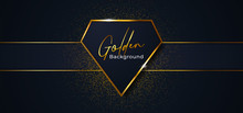 Luxury Diamond Shape Golden Badge Frame Vector Illustration. Dark Blue Background With Ribbon And Glitter Effect Ornament.