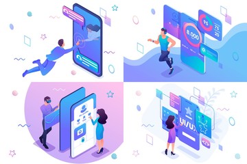 Poster - Set isometric concept of user interface development, testing and use by users. For website and mobile website development
