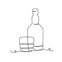 Sticker - Whiskey bottle and glass one line drawing on white isolated background. Vector illustration
