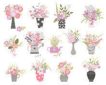 Set Of Summer Cartoon Flowers In N Pots And Vase