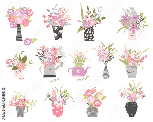Set Of Summer Cartoon Flowers In N Pots And Vase Buy This Stock