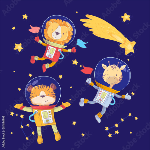 Fotografía Cartoon cute animals lion tiger and giraffe astronauts in space