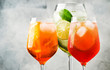 Set of summer Italian alcoholic cocktails, aperol spritz, martini royale, campari tonic with bitters and prosecco in misted wine glasses. Close-up, selective focus