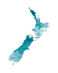 Wall Mural - Vector isolated illustration of simplified administrative map of New Zealand. Borders and names of the regions. Colorful blue khaki silhouettes
