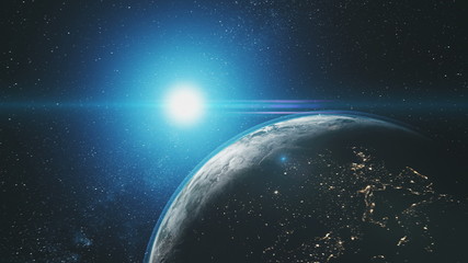 earth orbit reverse blue sun radiance outer space. epic cosmos nebula constellation celestial naviga
