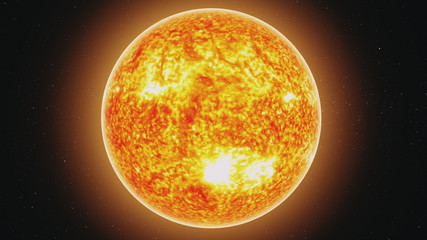 Wall Mural - motion graph yellow sun model with burning lava orange halo moves away in endless outer space with s