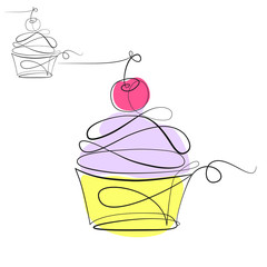 Poster - Cupcakes one line drawing on white isolated background for store, banner and business card.Vector illustration
