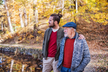 Wall Mural - Senior father and his son walking in nature, talking.