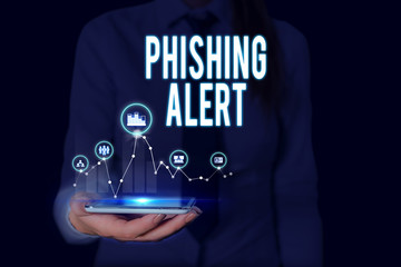 Poster - Text sign showing Phishing Alert. Business photo text aware to fraudulent attempt to obtain sensitive information Woman wear formal work suit presenting presentation using smart device