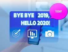Conceptual Hand Writing Showing Bye Bye 2019 Hello 2020. Concept Meaning Saying Goodbye To Last Year And Welcoming Another Good One Woman Smartphone Speech Bubble Office Supplies Technology