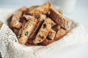 Italian cranberry almond biscotti at white background