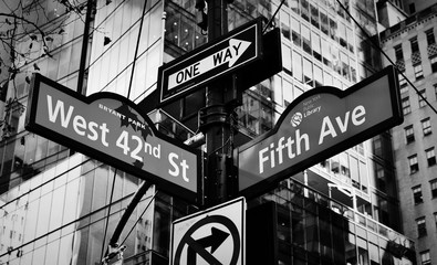 NYC Fifth Avenue Midtown Streets New York City Black and White Street sign