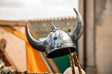 Decoration Object Iron Helmet With Horns In Scandinavian North European Style On Some Medieval Festival  