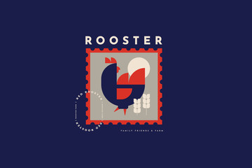 Emblem for poultry farm and chicken farm. Rooster in folk style. Image can be used for packaging design, restaurant menus, market design, butcher shops and chicken farm. Vector vintage illustration.