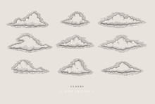 Set Of Graphically Hand Drawn Clouds On Light Background. Clouds Of Various Shapes In Retro Engraving Style. Vector Vintage Illustration.