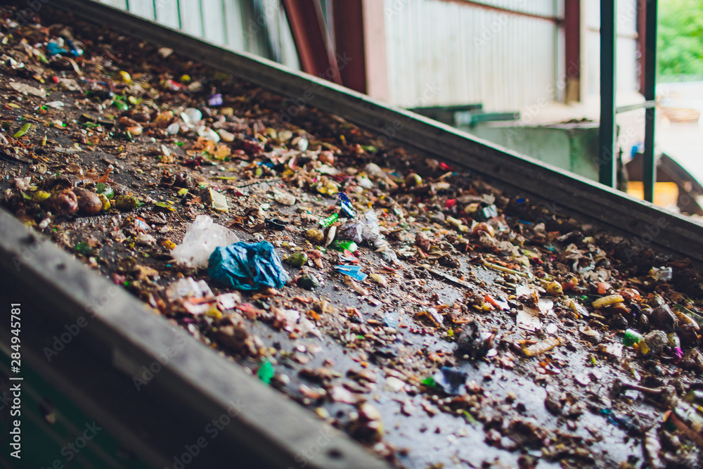 moving conveyor transporter on Modern waste recycling processing plant ...