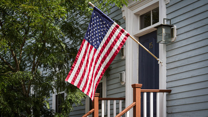 American flag in front of a building