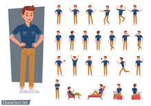 Set Of Man Wear Blue Jeans Shirt Character Vector Design. Presentation In Various Action With Emotions, Running, Standing And Walking.