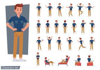 set of man wear blue jeans shirt character vector design. presentation in various action with emotio