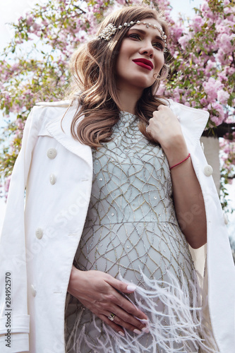 Fashion Beautiful Pregnant Woman Walk In The Park Street In Long