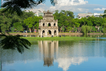 Wall Mural - Turtle Tower (Thap Rua) in Hoan Kiem lake (Sword lake, Ho Guom) in Hanoi, Vietnam.