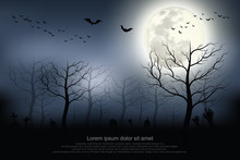 Halloween Background. Spooky Forest With Full Moon And Grave.