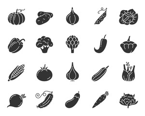 Vegetable food black silhouette icons vector set