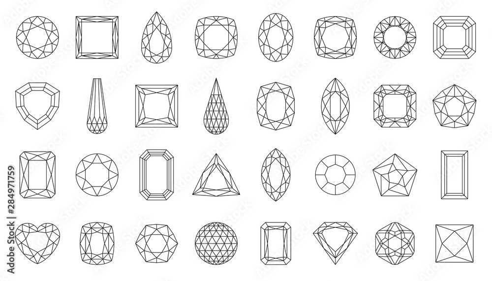 Diamond gem jewel gemstone line icon vector set - obrazy, fototapety, plakaty 