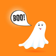 Flying Halloween Funny Spooky Ghost Character Say BOO With Text Space In The Speech Bubble Vector Illustration Isolated On Orange Background